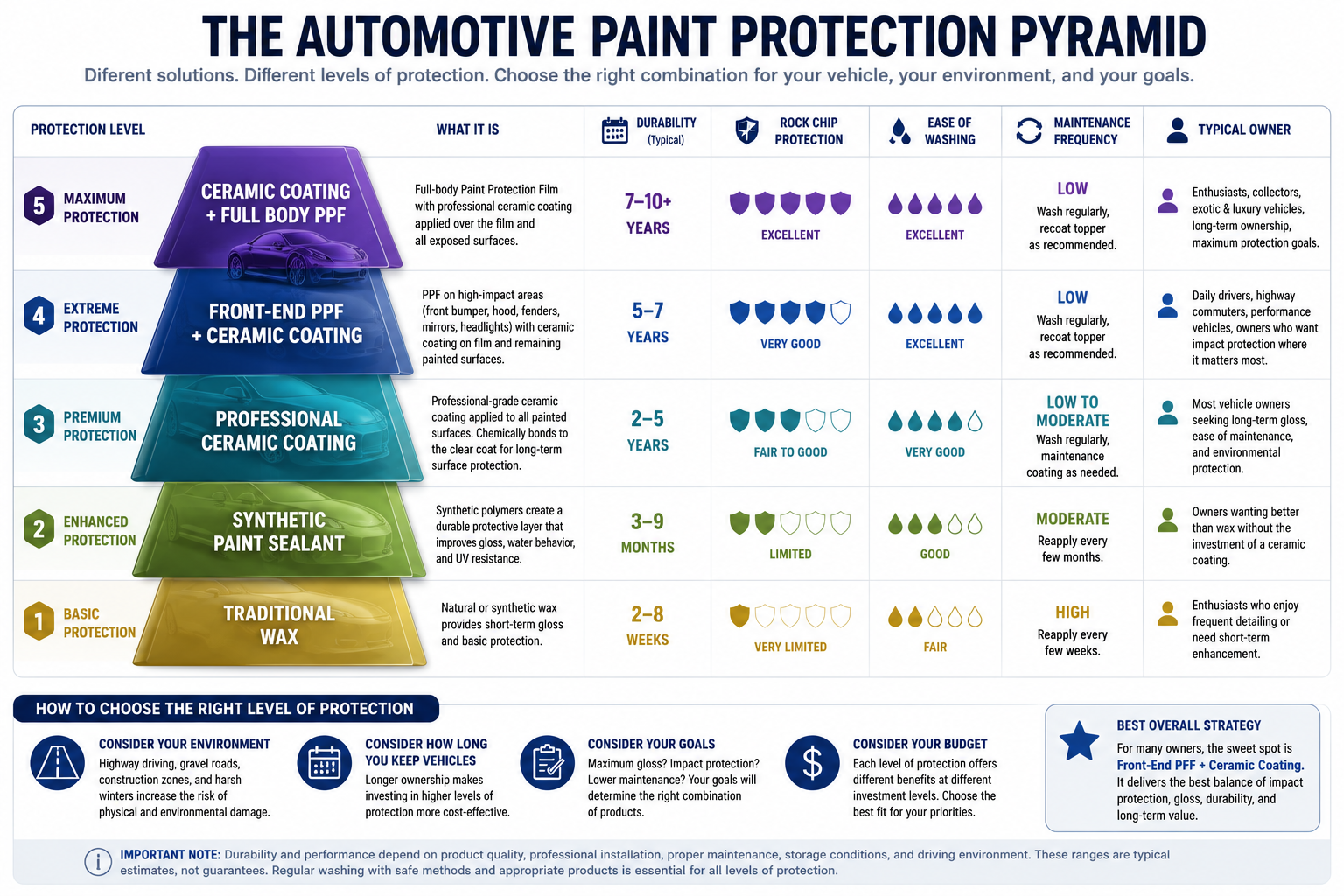 Automotive Paint Protection Pyramid comparing wax, paint sealant, ceramic coating, front-end Paint Protection Film, and full-body Paint Protection Film with ceramic coating