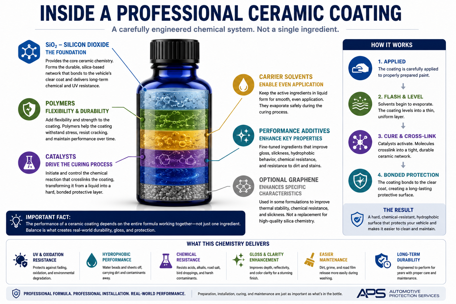 Infographic explaining the ingredients inside a professional ceramic coating, including silicon dioxide, polymers, catalysts, carrier solvents, performance additives, and optional graphene