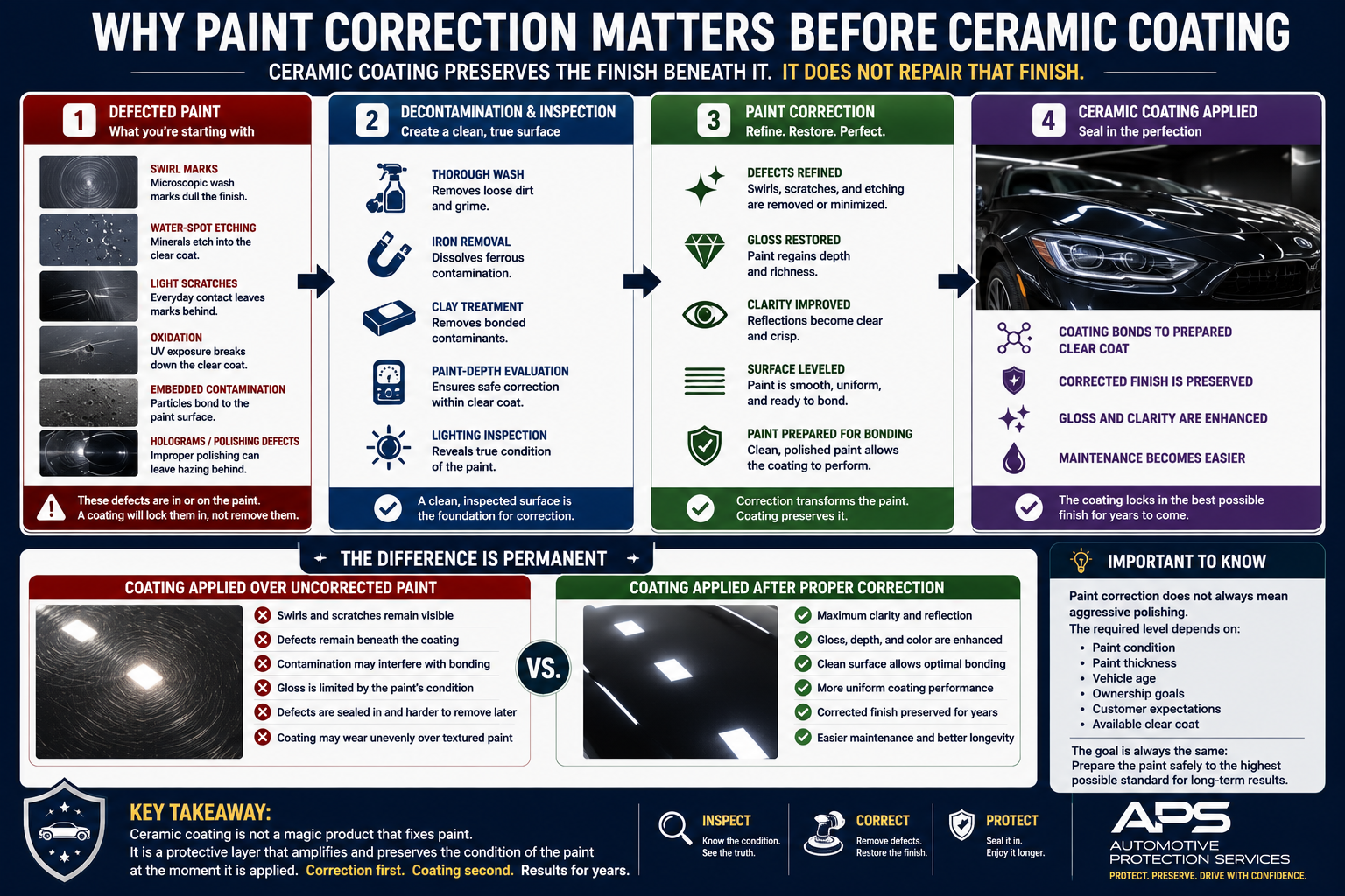 Infographic explaining why paint correction matters before ceramic coating, including inspection, decontamination, paint correction, and ceramic coating application to preserve a corrected finish.