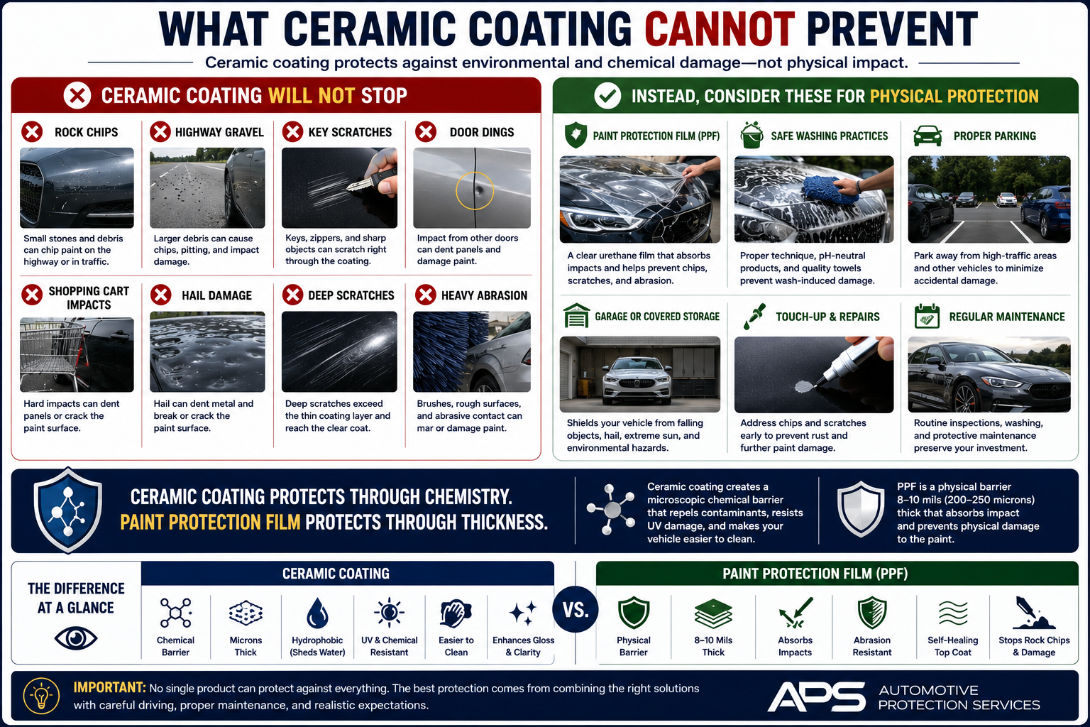 Infographic explaining what ceramic coating cannot prevent, including rock chips, highway gravel, key scratches, door dings, shopping cart impacts, hail damage, deep scratches, and heavy abrasion, with alternative protection recommendations such as Paint Protection Film