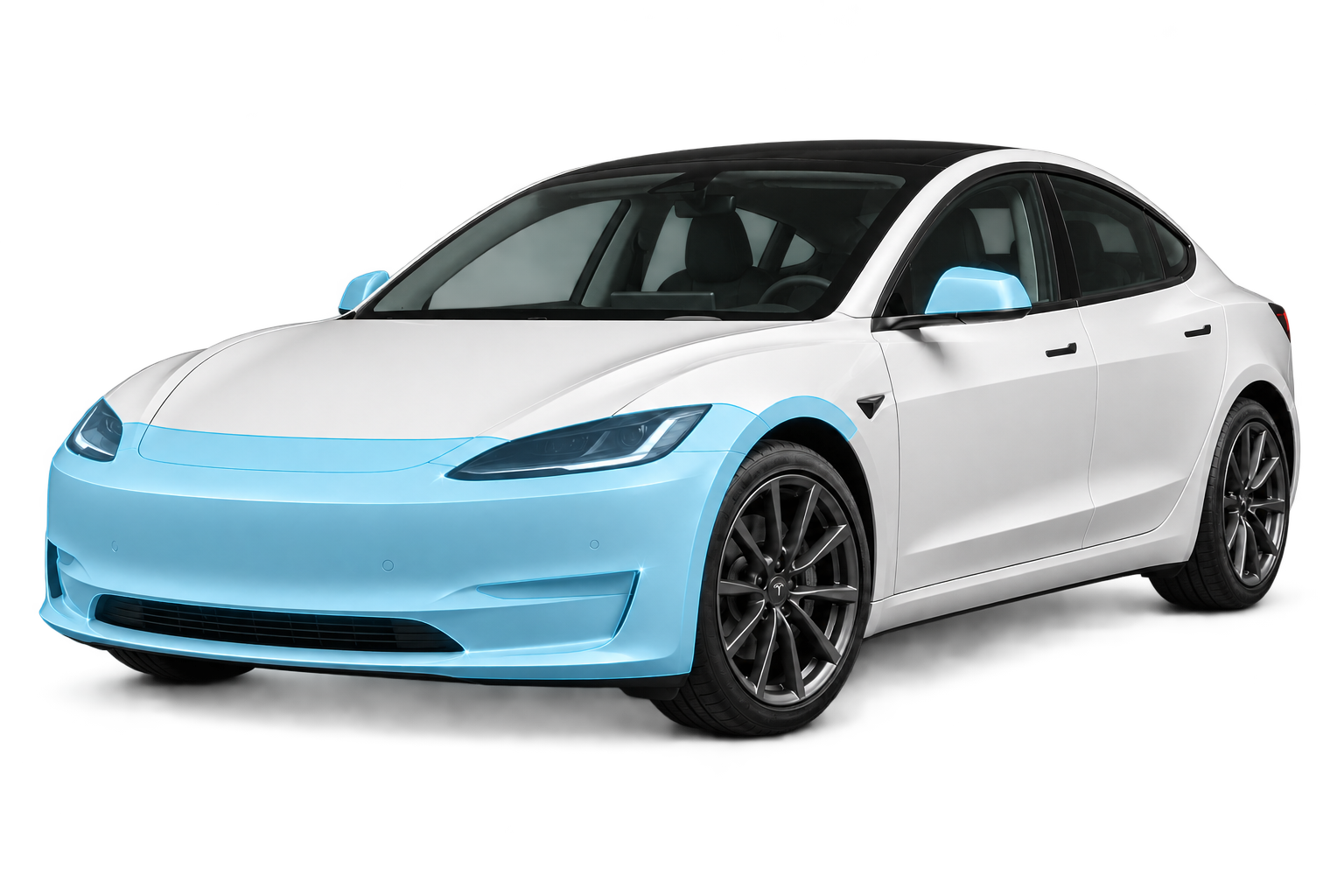 Deluxe PPF coverage showing the front bumper, partial hood, partial front fenders, mirror caps and headlights